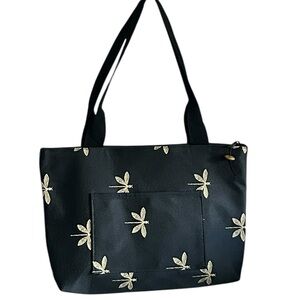 Sally Spicer San Francisco Signature Tote Bag Black and Gold Dragonfly Print